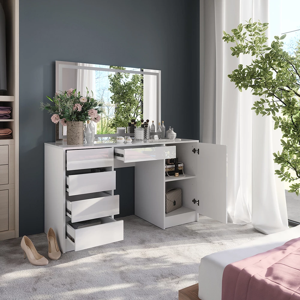 Close-up of Vanity table in White/white high gloss, showing design and surface details