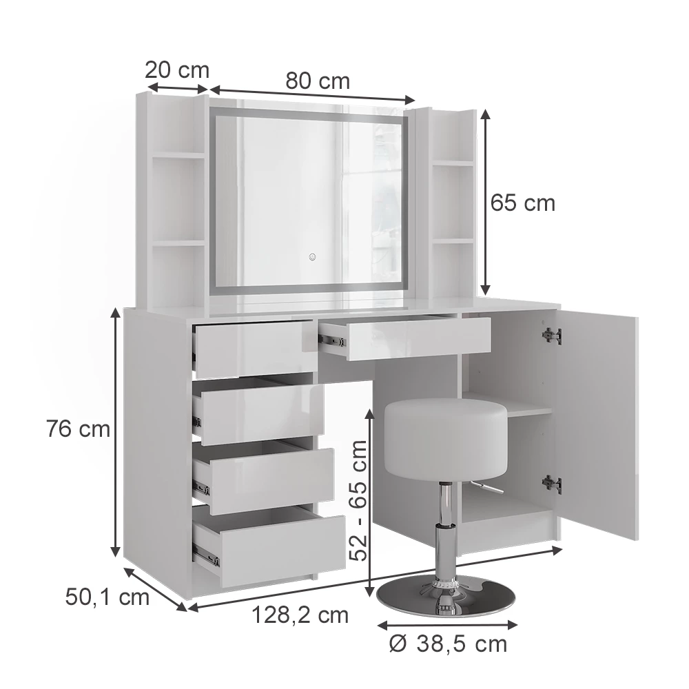 Stół do toalety w kolorze Biały/biały wysoki połysk na białym tle z widocznymi wymiarami