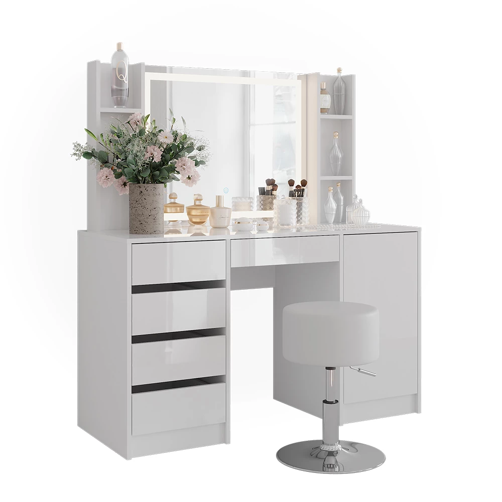 Stół do toalety w kolorze Biały/biały wysoki połysk na białym tle z elementami dekoracyjnymi