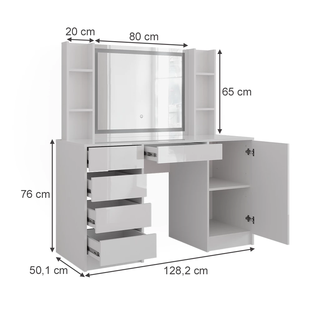 Schminktisch in Weiß/Weiß Hochglanz auf weißem Hintergrund mit sichtbaren Maßen