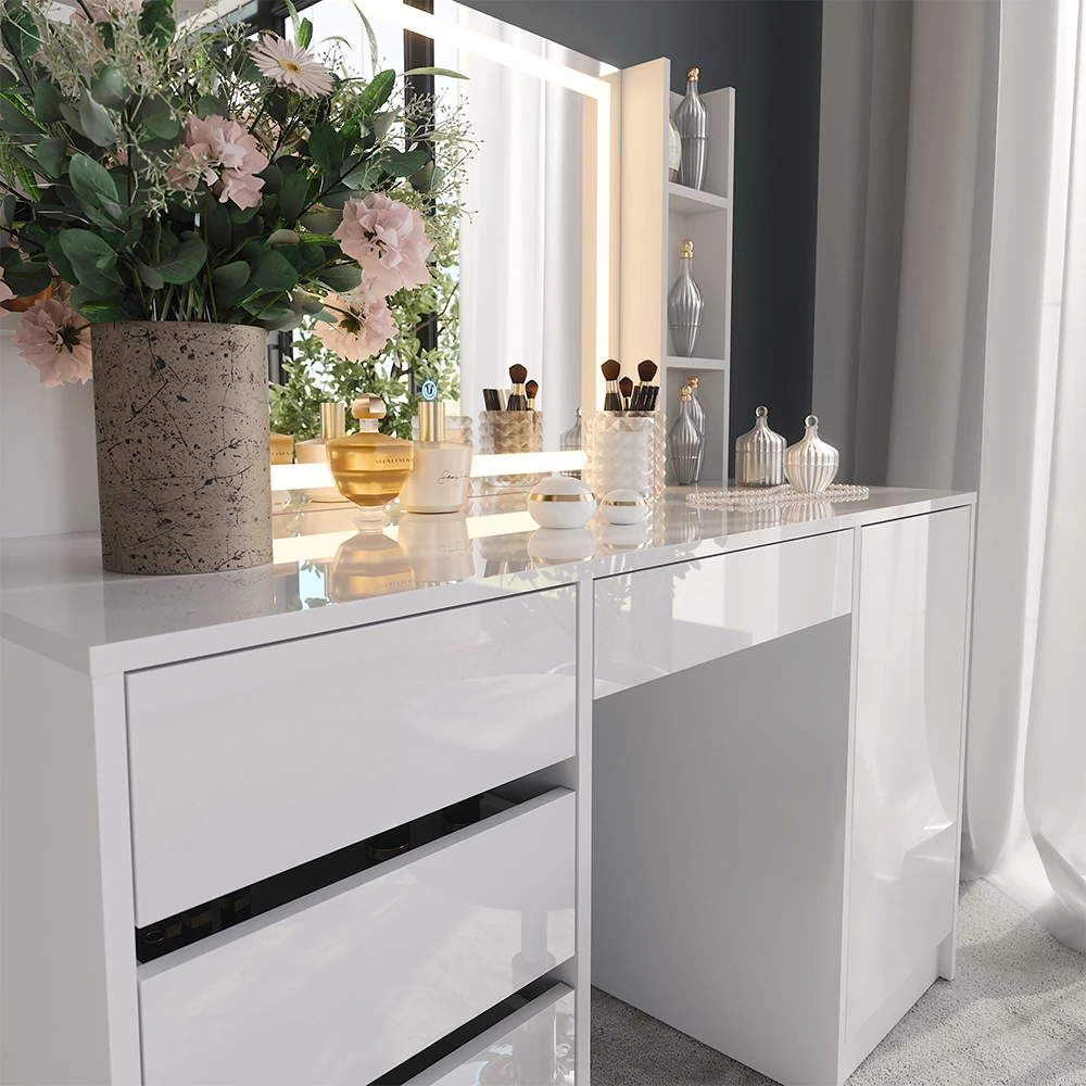 Nahaufnahme von Schminktisch in Weiß/Weiß Hochglanz, zeigt Textur/Details