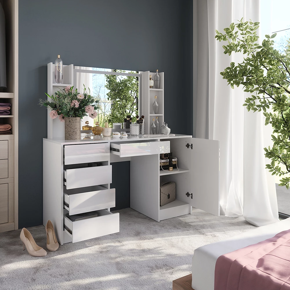 Nahaufnahme von Schminktisch in Weiß/Weiß Hochglanz, zeigt Design- und Oberflächendetails