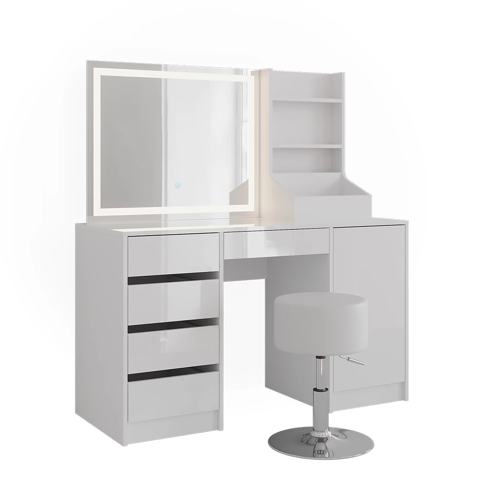 Kaptafel set met kruk in Wit/wit hoogglans op een witte achtergrond