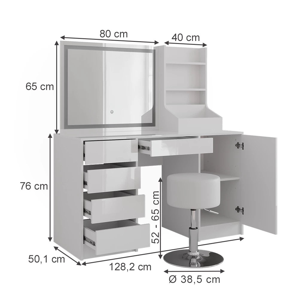 Kaptafel set met kruk in Wit/wit hoogglans op een witte achtergrond met zichtbare afmetingen