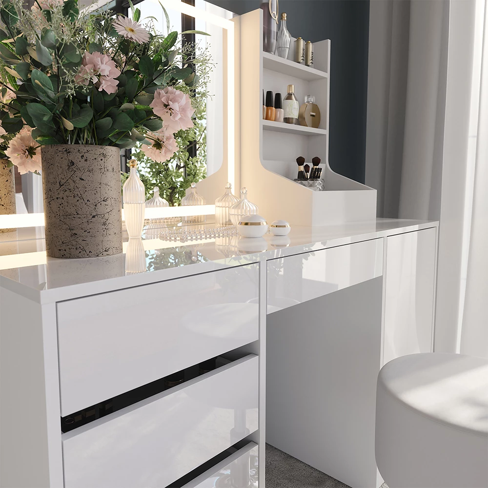 Close-up van Kaptafel set met kruk in Wit/wit hoogglans, met textuur/details