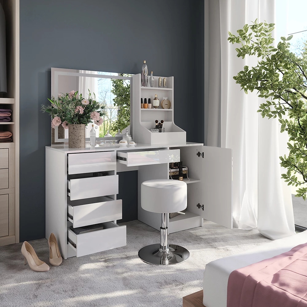 Close-up van Kaptafel set met kruk in Wit/wit hoogglans, met ontwerp- en oppervlakte-details