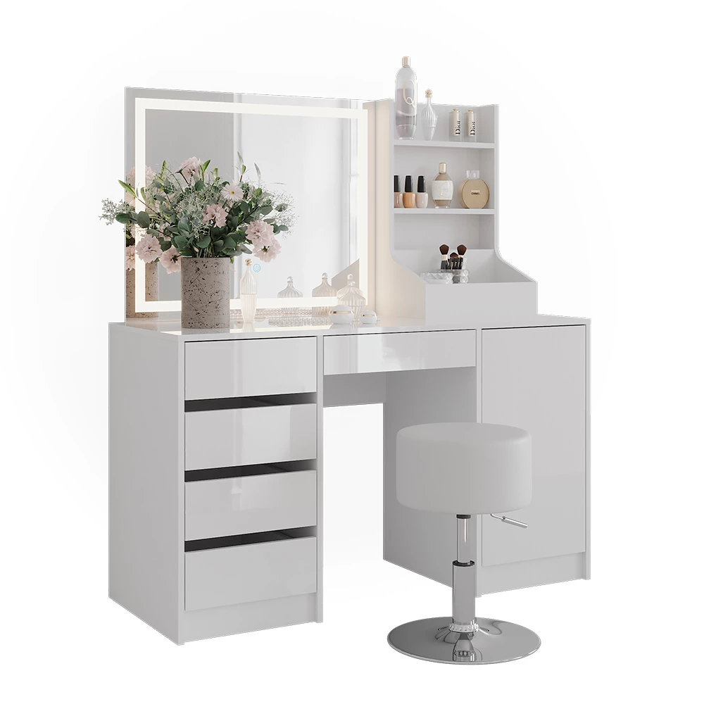 Kaptafel set met kruk in Wit/wit hoogglans op een witte achtergrond met decoratieve elementen