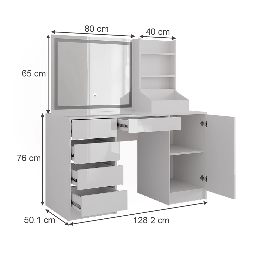 Schminktisch in Weiß/Weiß Hochglanz auf weißem Hintergrund mit sichtbaren Maßen