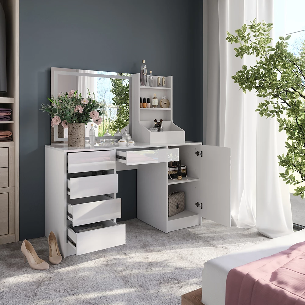 Nahaufnahme von Schminktisch in Weiß/Weiß Hochglanz, zeigt Design- und Oberflächendetails