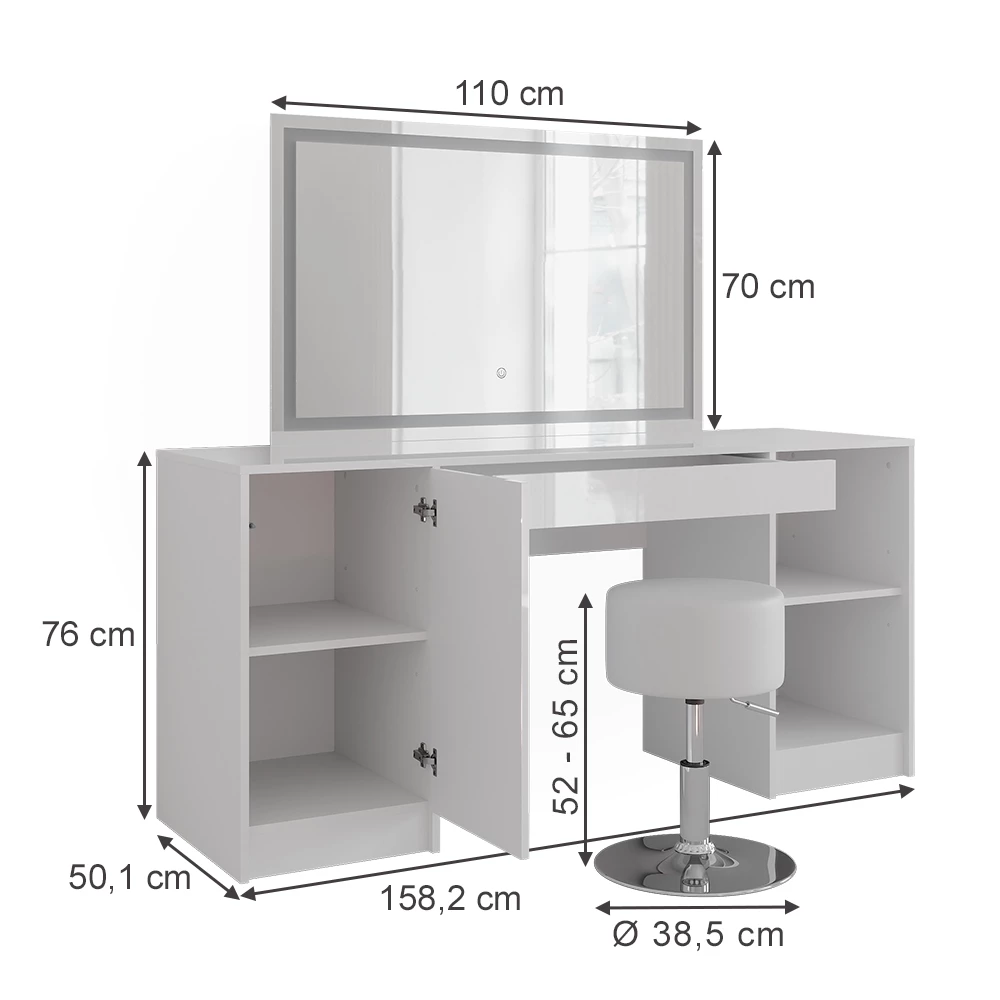 Coiffeuse en blanc/blanc brillant sur fond blanc avec dimensions visibles