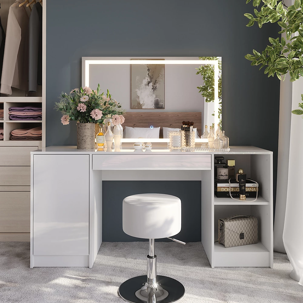 Coiffeuse en blanc/blanc brillant, présenté dans un décor ambiant avec décoration