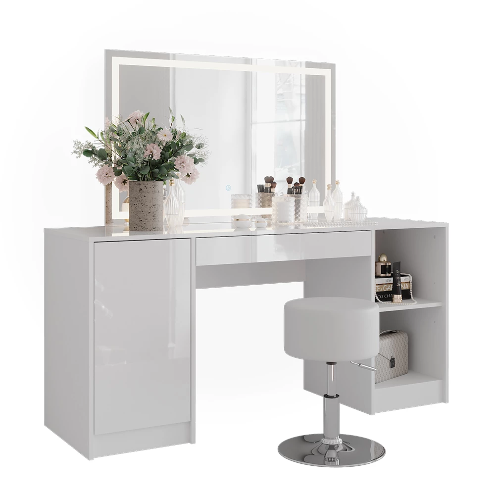 Coiffeuse en blanc/blanc brillant sur fond blanc avec des éléments décoratifs