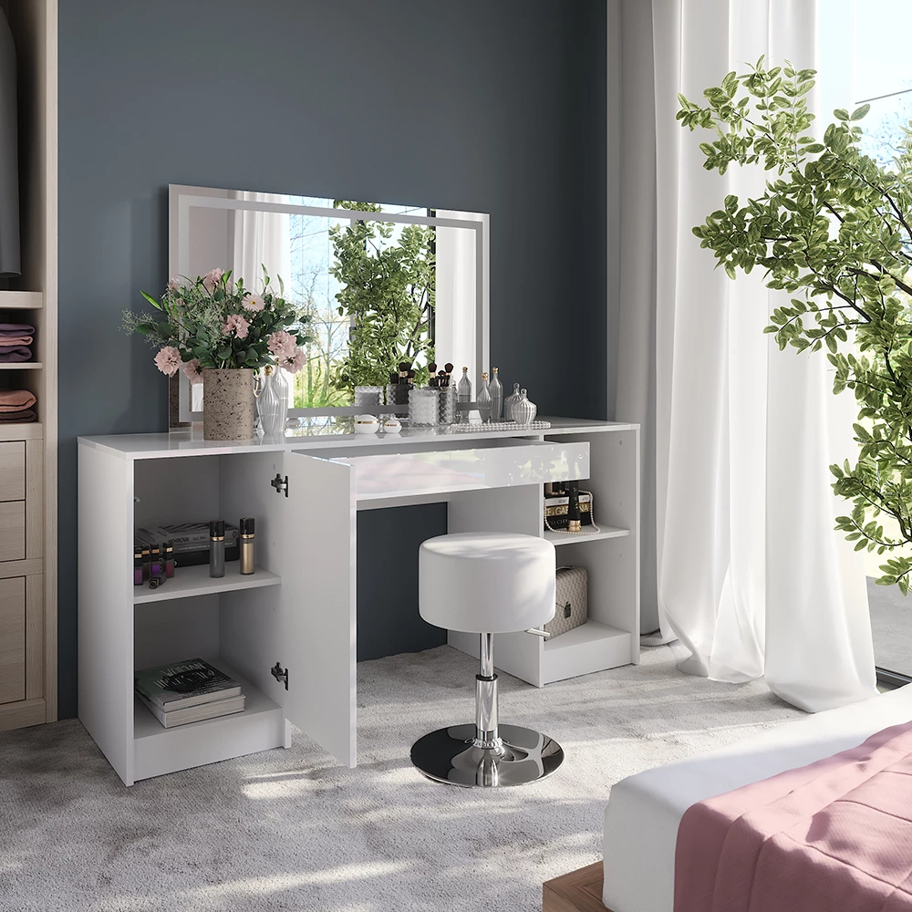 Gros plan de Coiffeuse en blanc/blanc brillant, montrant le design et les détails de surface