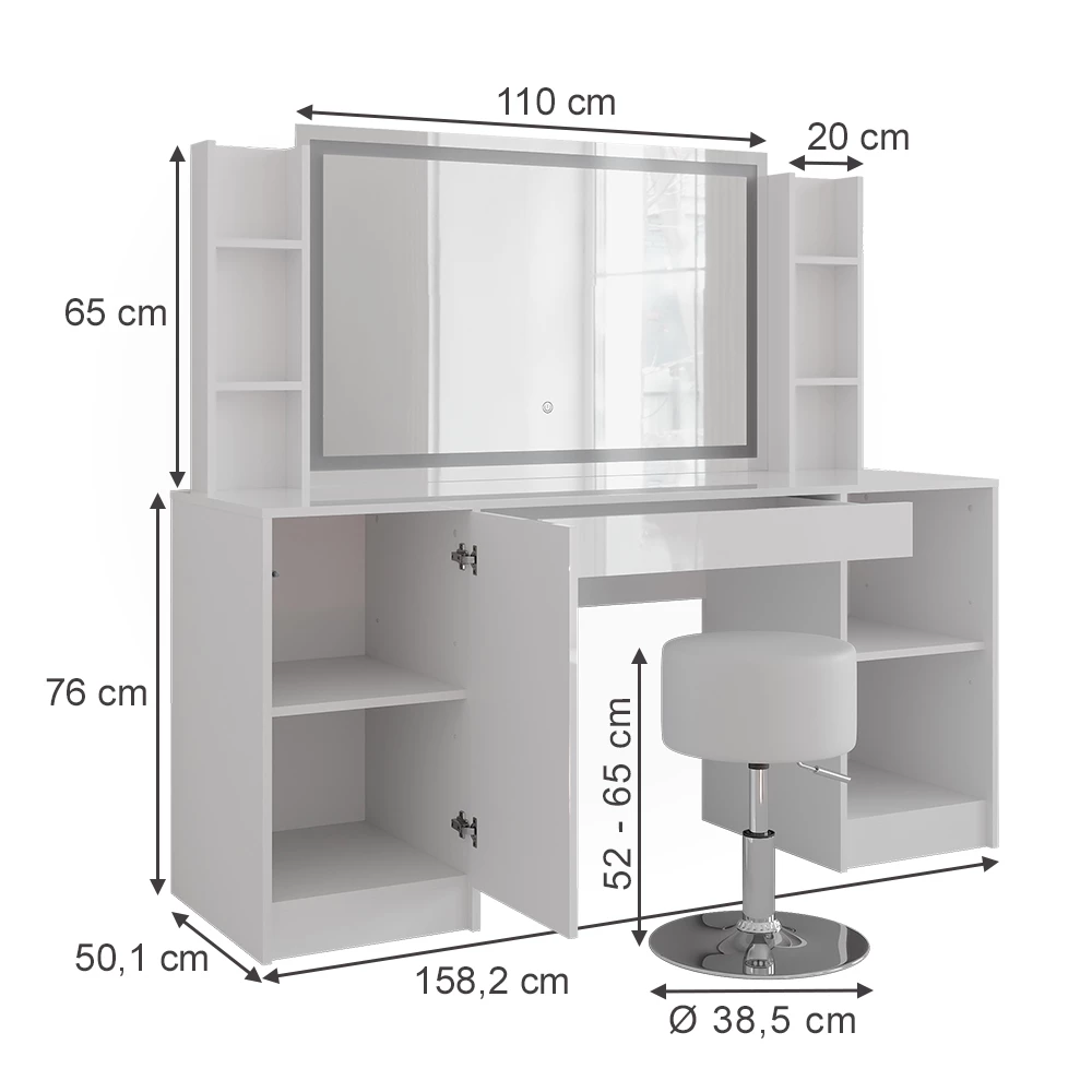 Schminktisch in Weiß/Weiß Hochglanz auf weißem Hintergrund mit sichtbaren Maßen