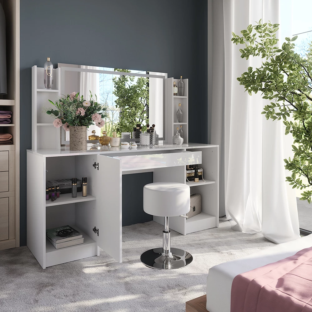 Nahaufnahme von Schminktisch in Weiß/Weiß Hochglanz, zeigt Design- und Oberflächendetails