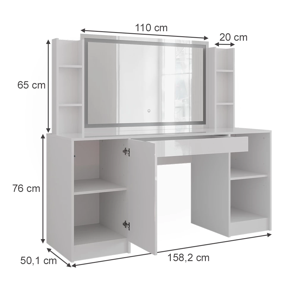 Kaptafel met licht in Wit/wit hoogglans op een witte achtergrond met zichtbare afmetingen