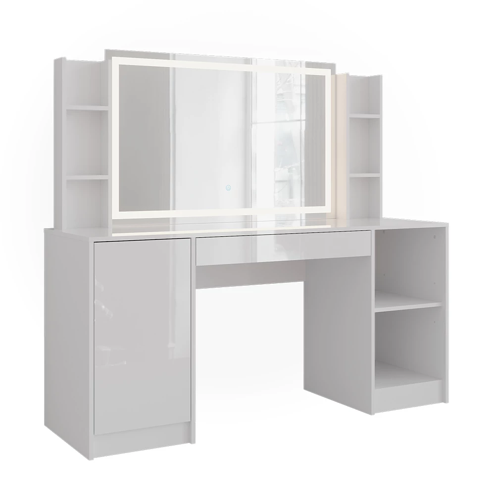 Kaptafel met licht in Wit/wit hoogglans op een witte achtergrond