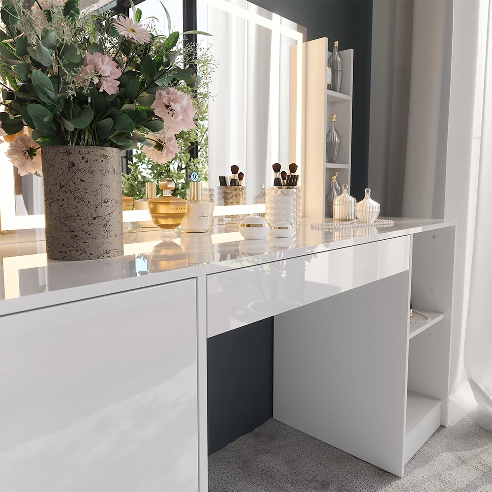 Close-up van Kaptafel met licht in Wit/wit hoogglans, met textuur/details