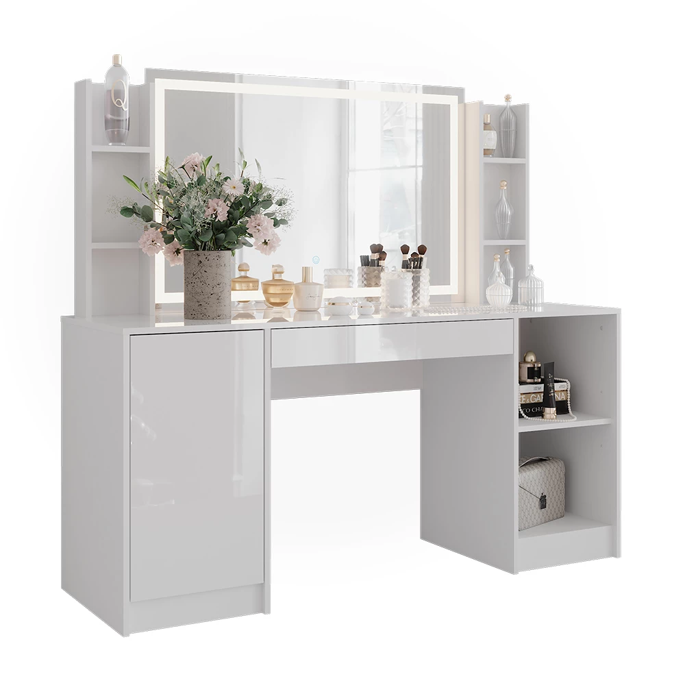 Kaptafel met licht in Wit/wit hoogglans op een witte achtergrond met decoratieve elementen