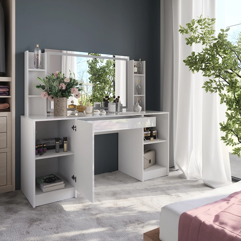 Close-up van Kaptafel met licht in Wit/wit hoogglans, met ontwerp- en oppervlakte-details