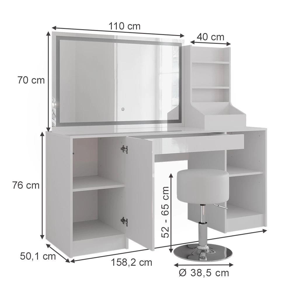 Stół do toalety w kolorze Biały/biały wysoki połysk na białym tle z widocznymi wymiarami