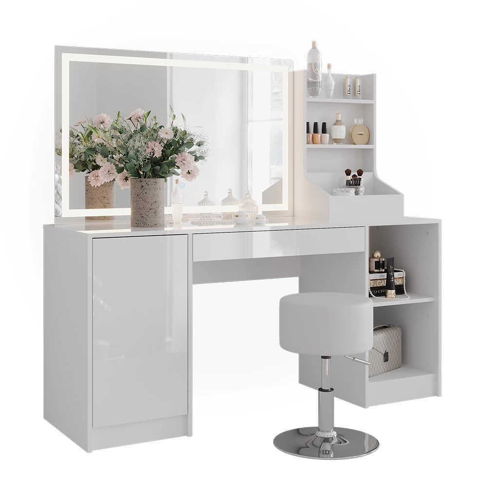 Stół do toalety w kolorze Biały/biały wysoki połysk na białym tle z elementami dekoracyjnymi