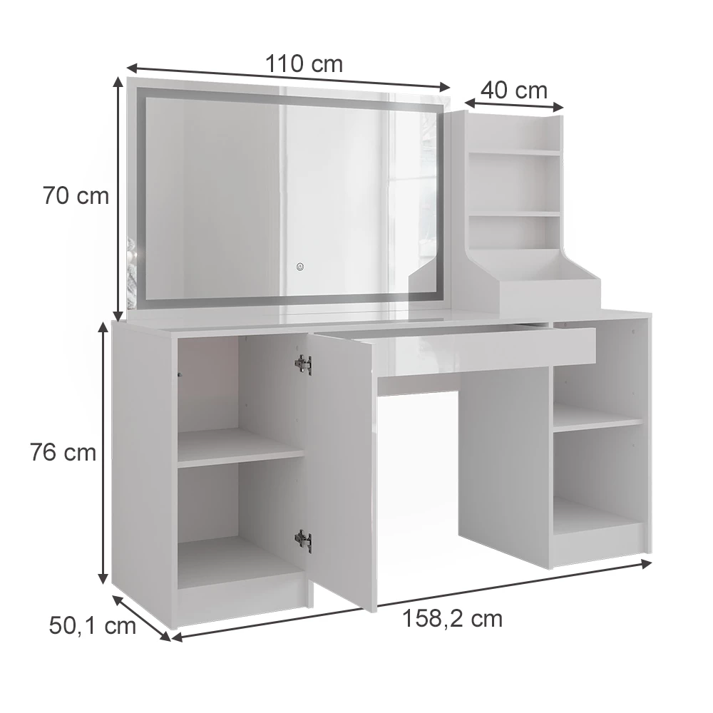 Makeupbord i farven Hvid/hvid højglans på hvid baggrund med synlige dimensioner