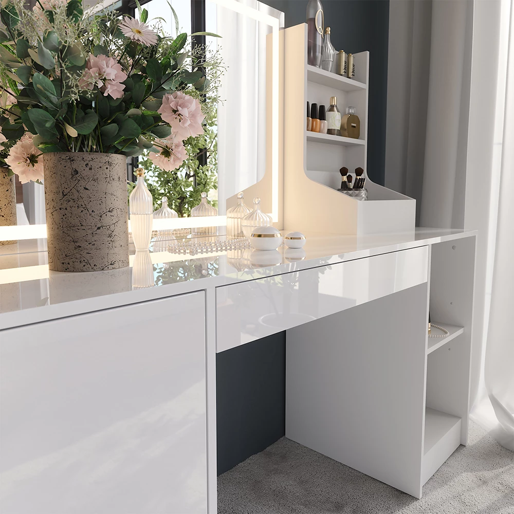 Nærbillede af Makeupbord i farven Hvid/hvid højglans, der viser struktur/detaljer