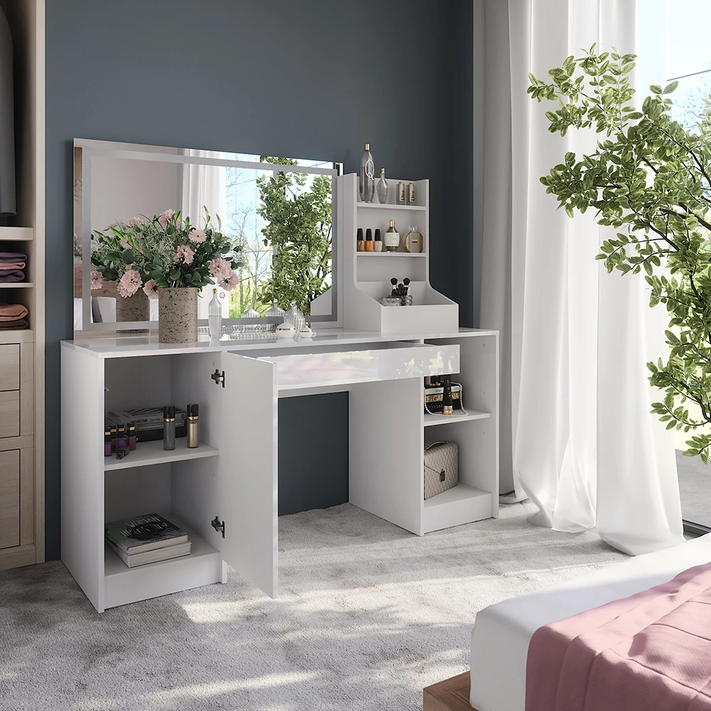 Nærbillede af Makeupbord i farven Hvid/hvid højglans, der viser design og overfladedetaljer