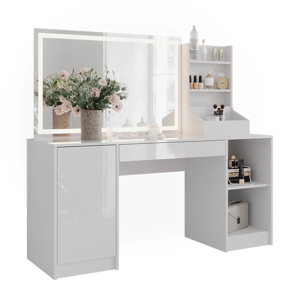 Makeupbord i farven Hvid/hvid højglans på hvid baggrund med dekorative elementer