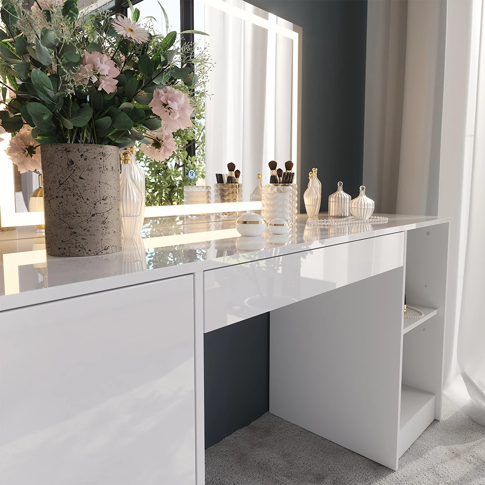 Nærbillede af Makeupbord i farven Hvid/hvid højglans, der viser struktur/detaljer