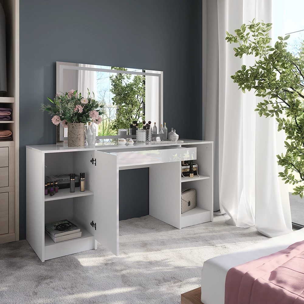 Nærbillede af Makeupbord i farven Hvid/hvid højglans, der viser design og overfladedetaljer