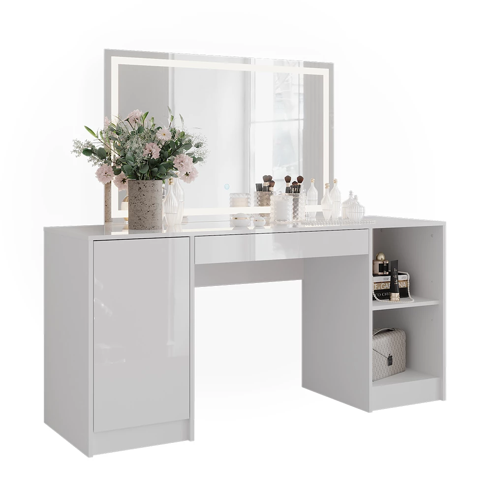 Makeupbord i farven Hvid/hvid højglans på hvid baggrund med dekorative elementer