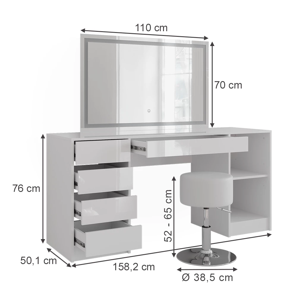 Stół do toalety w kolorze Biały/biały wysoki połysk na białym tle z widocznymi wymiarami