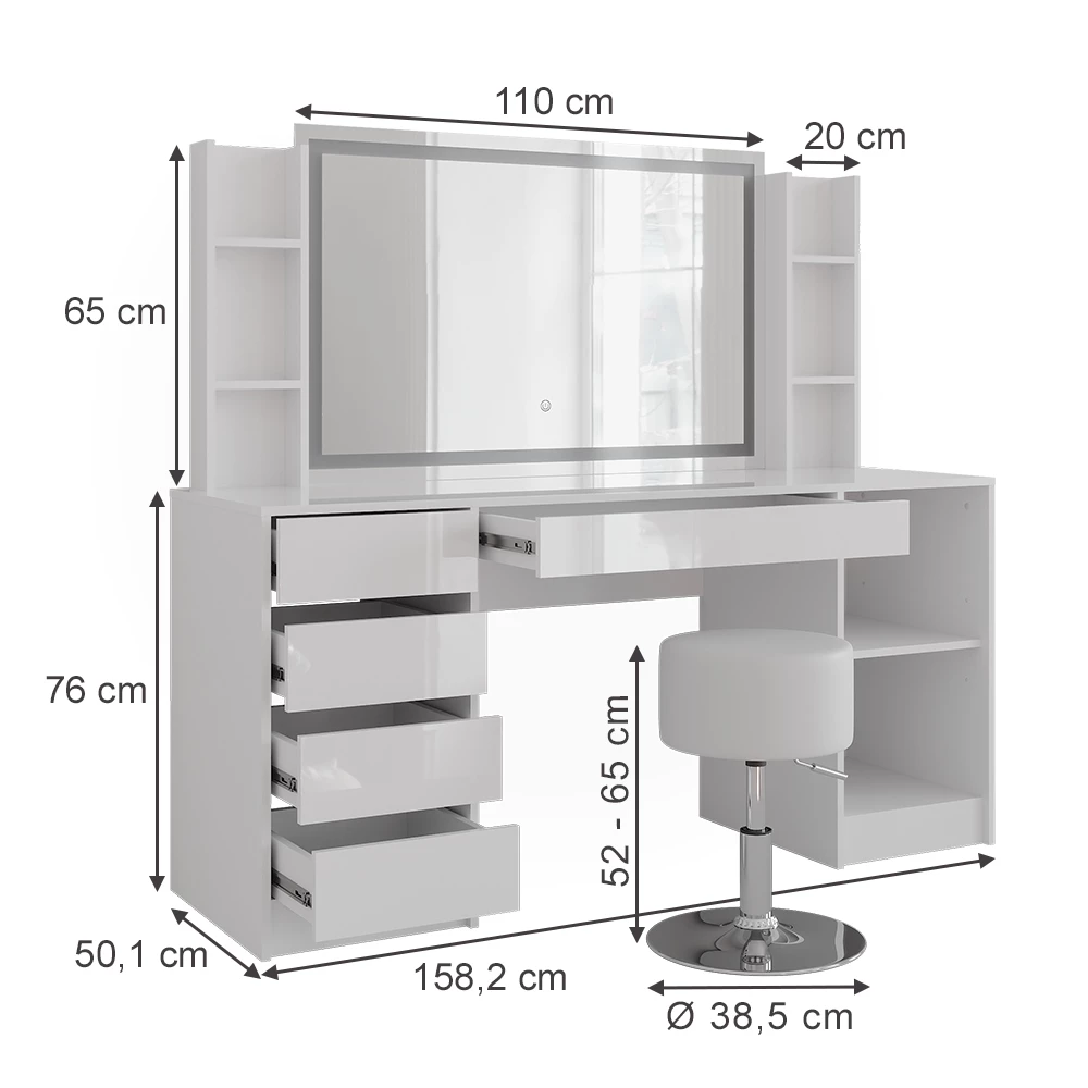 Makeupbord i farven Hvid/hvid højglans på hvid baggrund med synlige dimensioner
