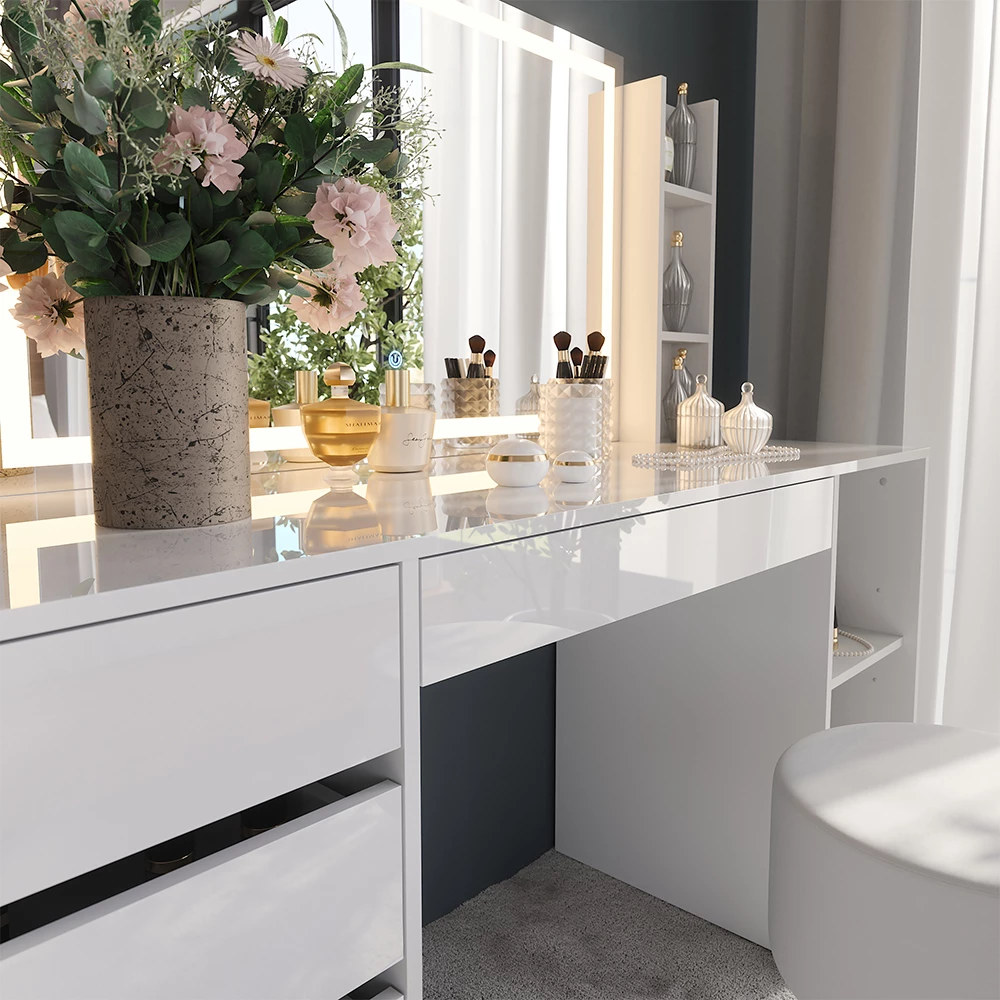 Nærbillede af Makeupbord i farven Hvid/hvid højglans, der viser struktur/detaljer