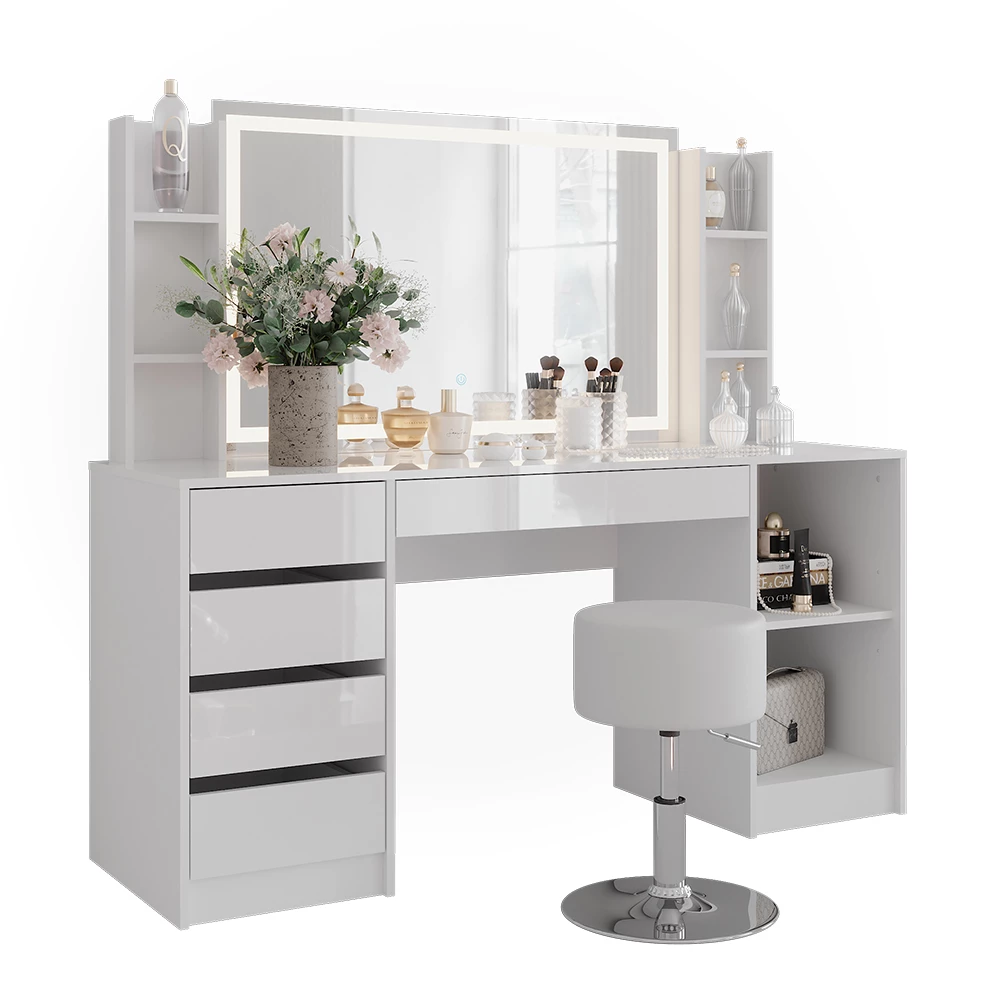 Makeupbord i farven Hvid/hvid højglans på hvid baggrund med dekorative elementer