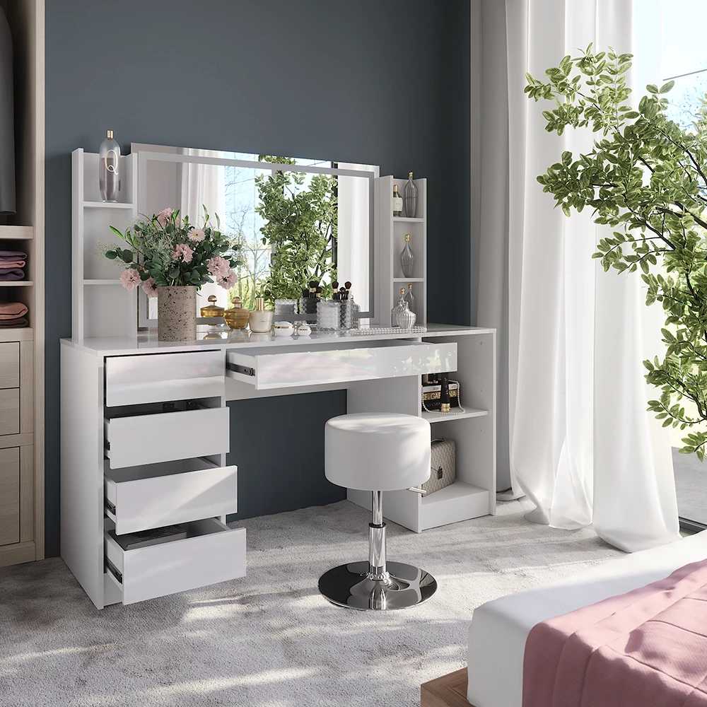 Nærbillede af Makeupbord i farven Hvid/hvid højglans, der viser design og overfladedetaljer