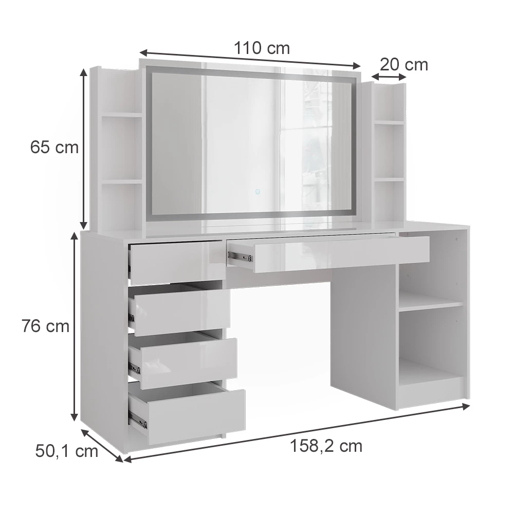 Schminktisch in Weiß/Weiß Hochglanz auf weißem Hintergrund mit sichtbaren Maßen
