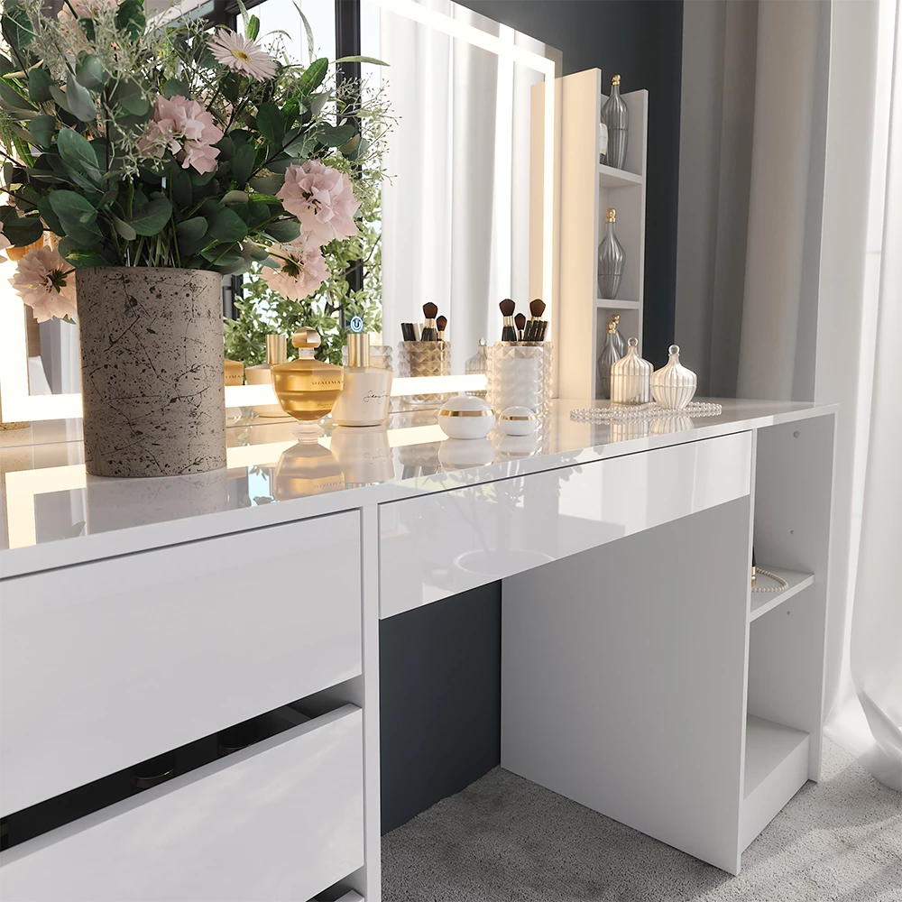 Nahaufnahme von Schminktisch in Weiß/Weiß Hochglanz, zeigt Textur/Details