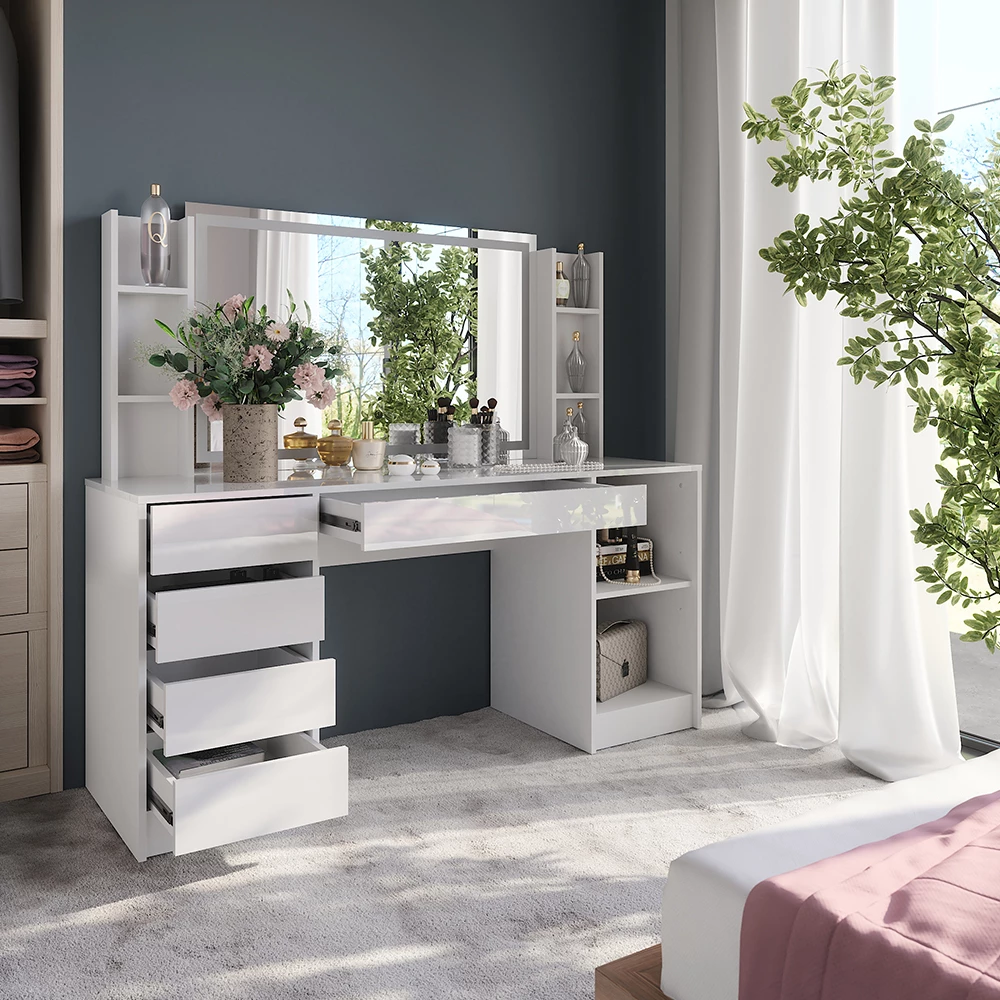 Nahaufnahme von Schminktisch in Weiß/Weiß Hochglanz, zeigt Design- und Oberflächendetails