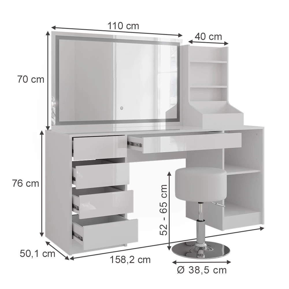 Coiffeuse en blanc/blanc brillant sur fond blanc avec dimensions visibles