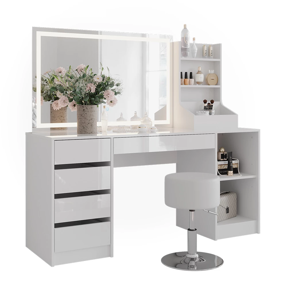 Coiffeuse en blanc/blanc brillant sur fond blanc avec des éléments décoratifs