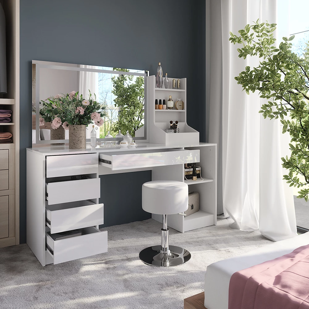 Gros plan de Coiffeuse en blanc/blanc brillant, montrant le design et les détails de surface