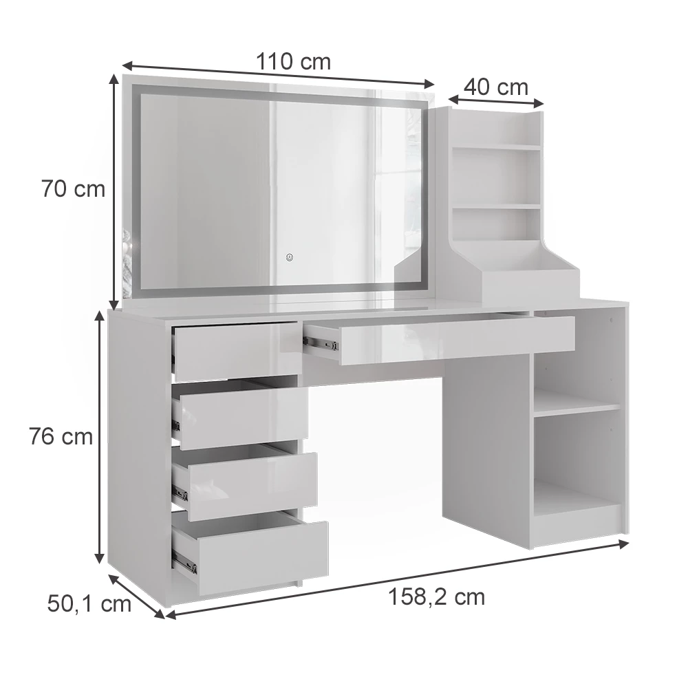 Coiffeuse en blanc/blanc brillant sur fond blanc avec dimensions visibles