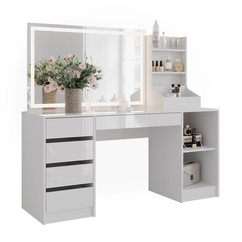 Coiffeuse en blanc/blanc brillant sur fond blanc avec des éléments décoratifs
