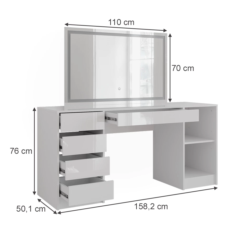 Stół toaletowy w kolorze Biały/biały wysoki połysk na białym tle z widocznymi wymiarami