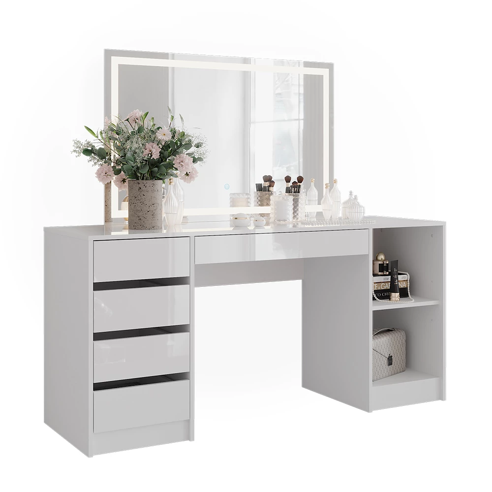 Stół toaletowy w kolorze Biały/biały wysoki połysk na białym tle z elementami dekoracyjnymi