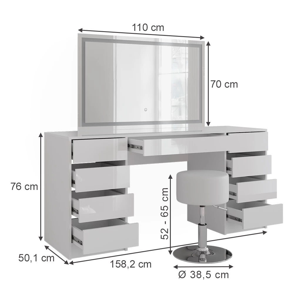 Schminktisch in Weiß/Weiß Hochglanz auf weißem Hintergrund mit sichtbaren Maßen