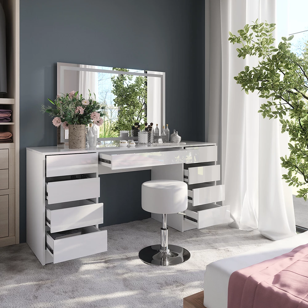 Nahaufnahme von Schminktisch in Weiß/Weiß Hochglanz, zeigt Design- und Oberflächendetails